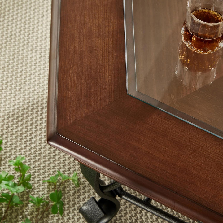 Retro Hexagon Wood Coffee Table with Glass Top, Farmhouse