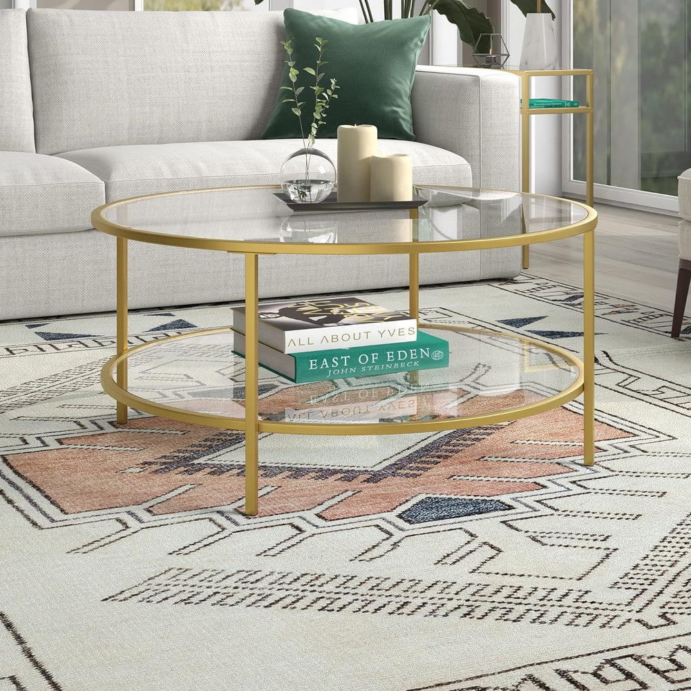 Elegant Round Glass Coffee Table with Brass Frame