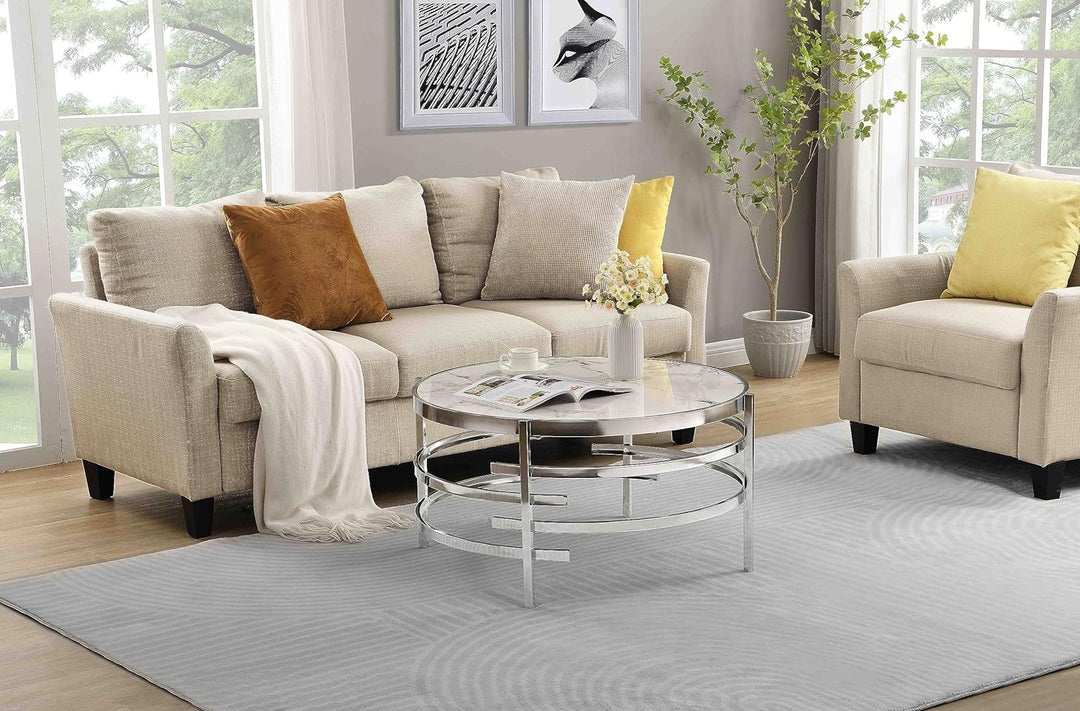 Sleek Silver Sintered Stone Round Coffee Table, Modern Circle