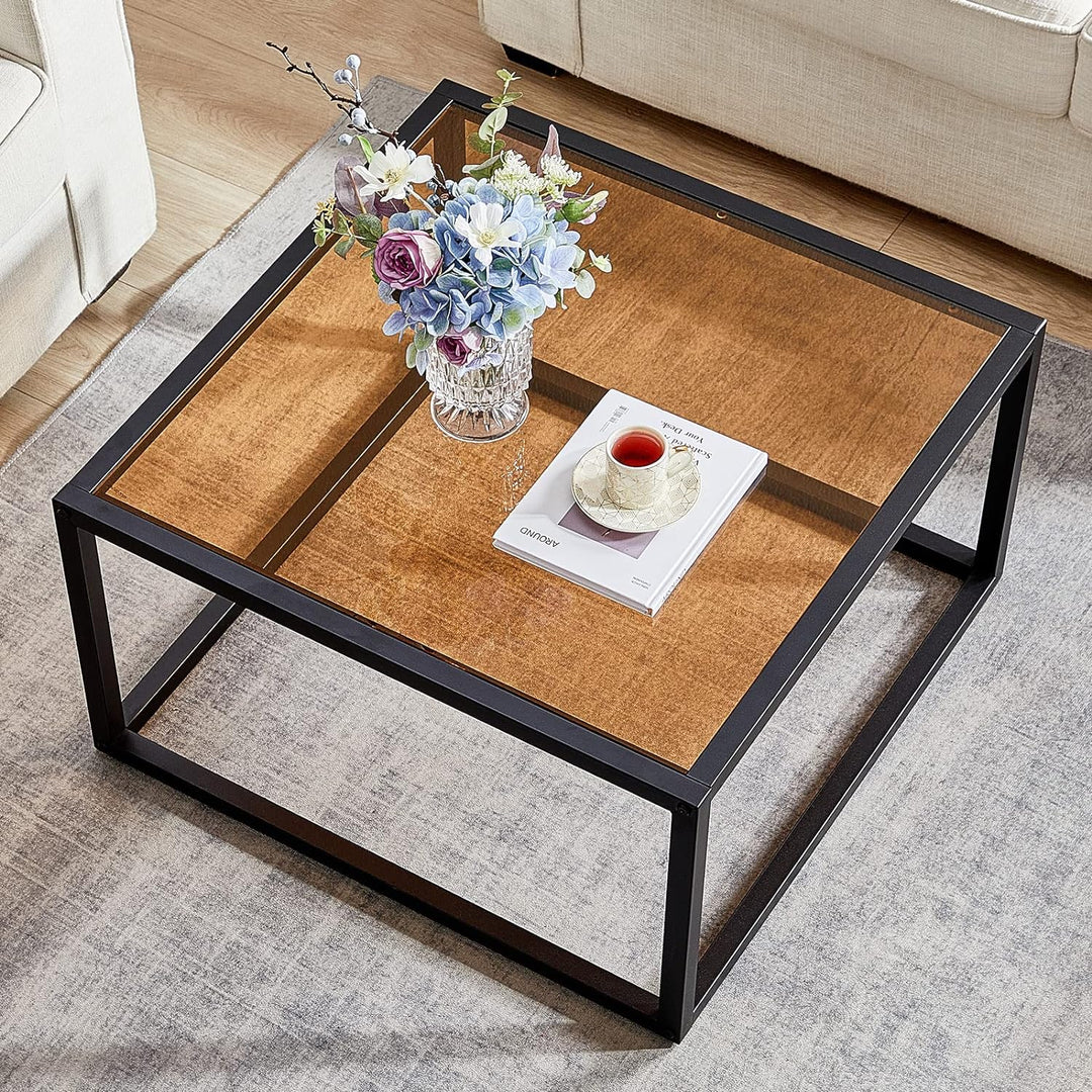 Glass Coffee Table, Modern Square Center Table, Tempered Glass Top, Brown