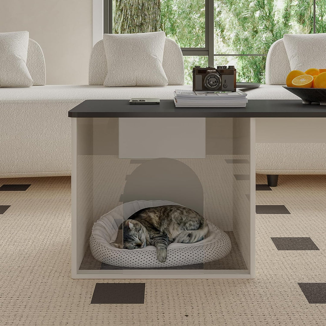 Farmhouse Coffee Table, Wooden Modern Cocktail Table with Cat House, White & Black