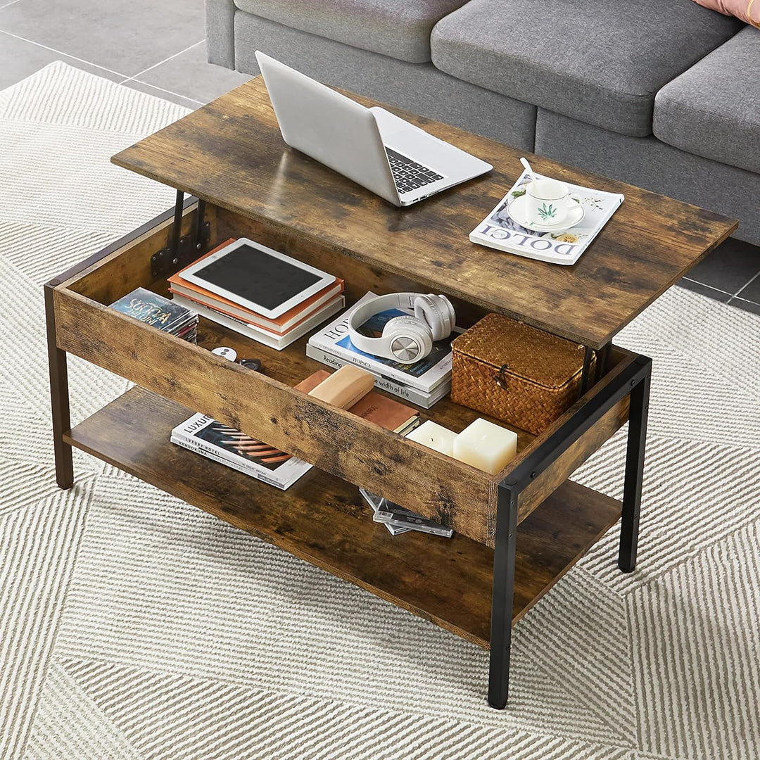 Lift Top Coffee Table w/ Hidden Storage, Wooden Lift-Up Table, Industrial Rustic Brown