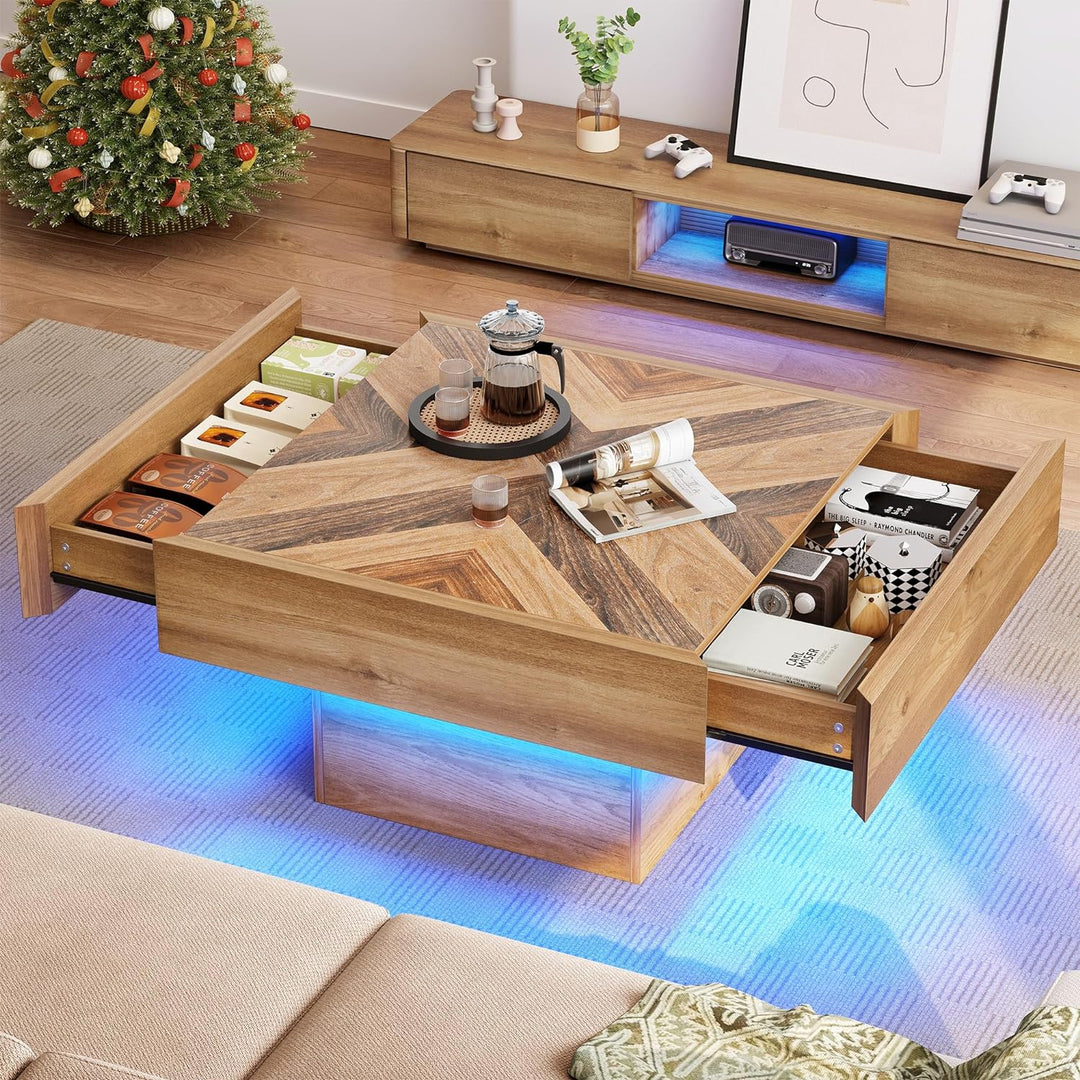 Farmhouse Coffee Table, Square Wood LED Table with Storage, Brown