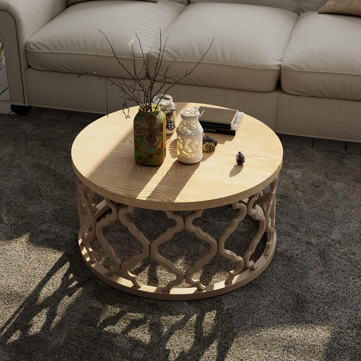 Farmhouse Coffee Table, Distressed Wood Top, Curved Motif Frame, Natural