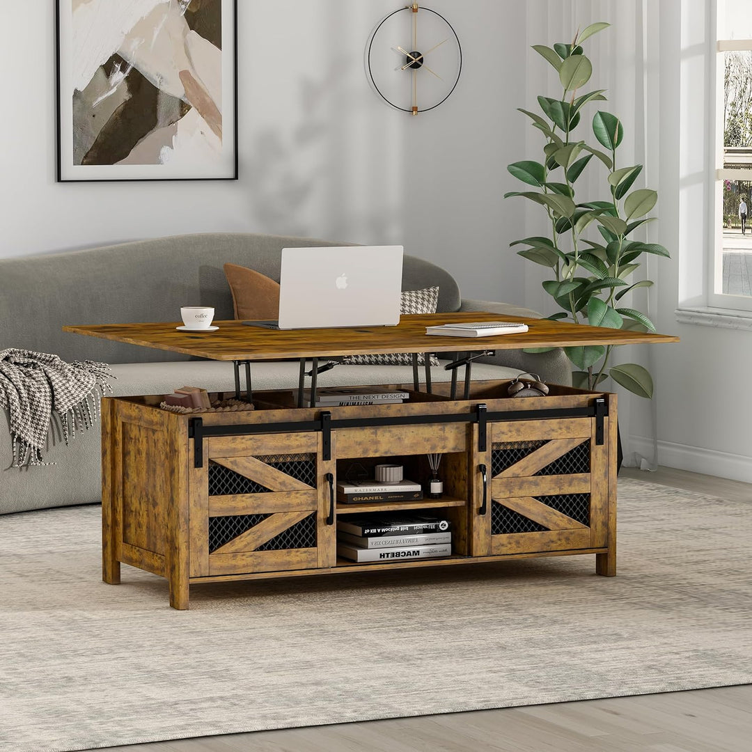 Rustic Farmhouse Lift-Top Coffee Table, Sliding Barn Doors, Rustic Brown