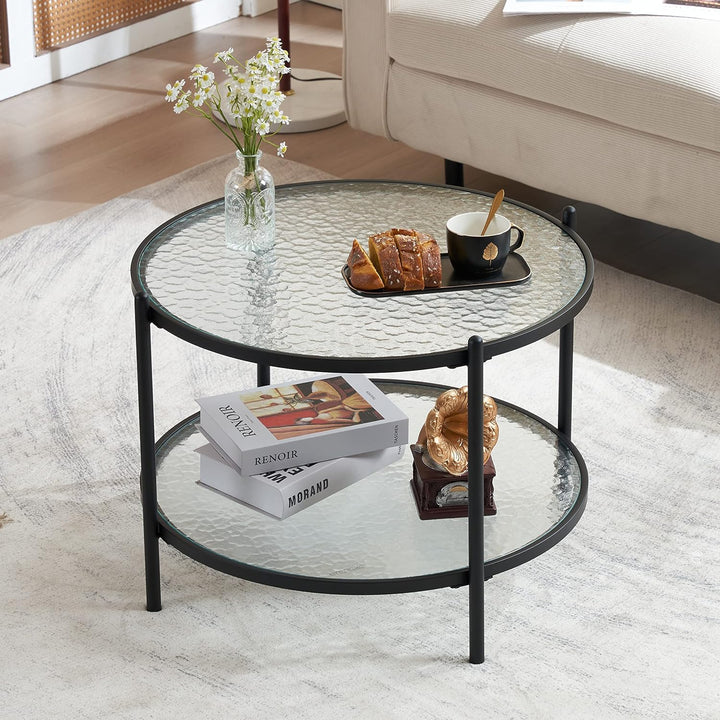 Matte Black Round Coffee Table with Water-Wave Glass, 2-Tier Storage Design, for Living Room, Bedroom, Balcony, Patio