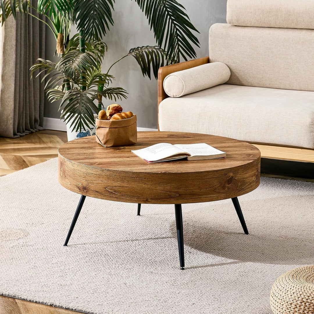 Stylish Modern Round Coffee Table, Walnut Wood and Black Metal