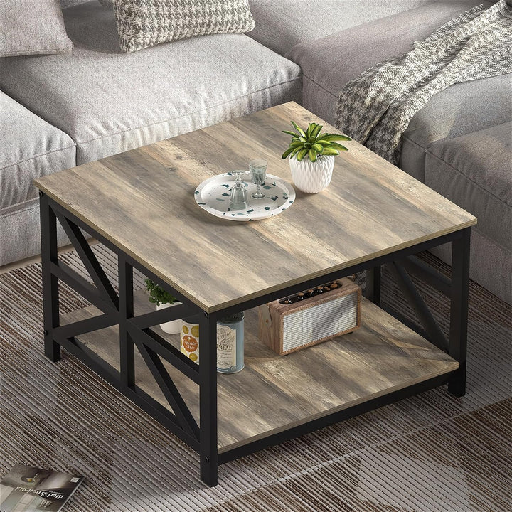 Farmhouse Coffee Table with Storage, Small Split Tabletop, Grey Wash