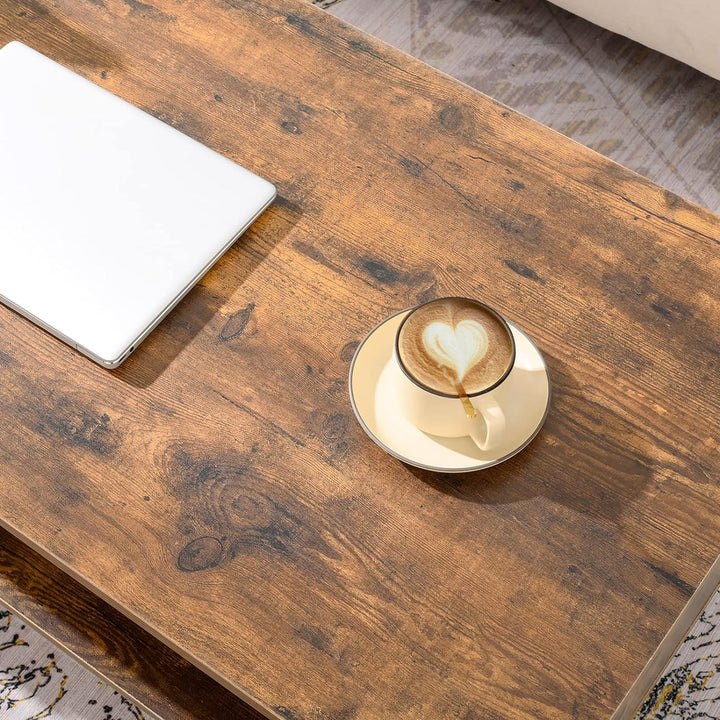 Rustic Mid-Century Coffee Table with Drawer and Shelf, Rustic Brown