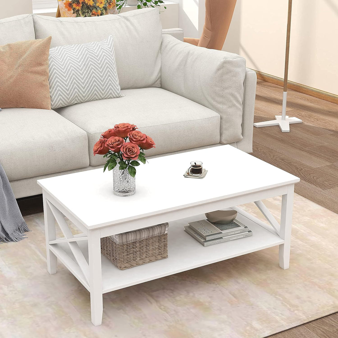 Rectangular Modern Coffee Table with Storage Shelf, Classic X Design (White)