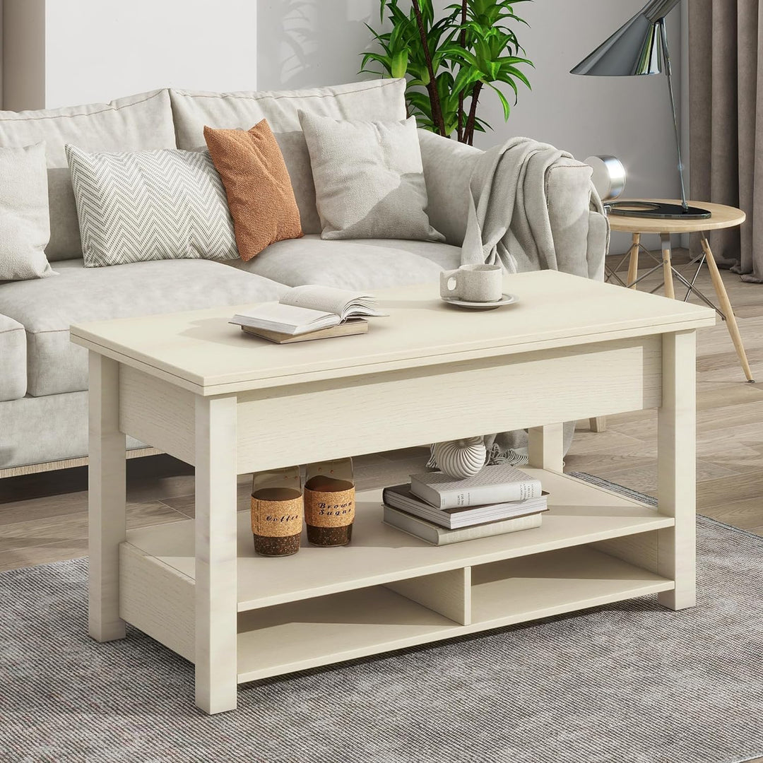 Merax Modern Lift Top Coffee Table, Convertible Dining, Rustic Ivory