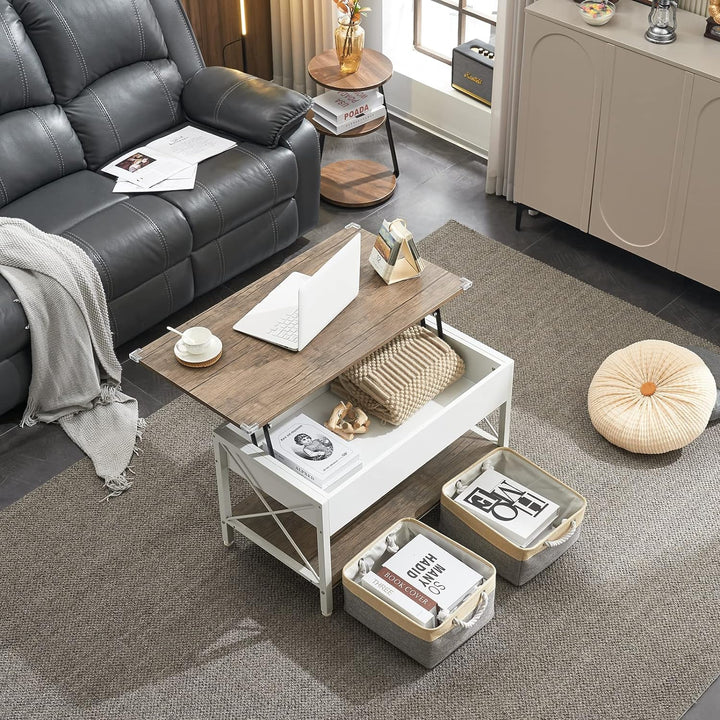 Lift Top Coffee Table with Storage Bins, White Walnut