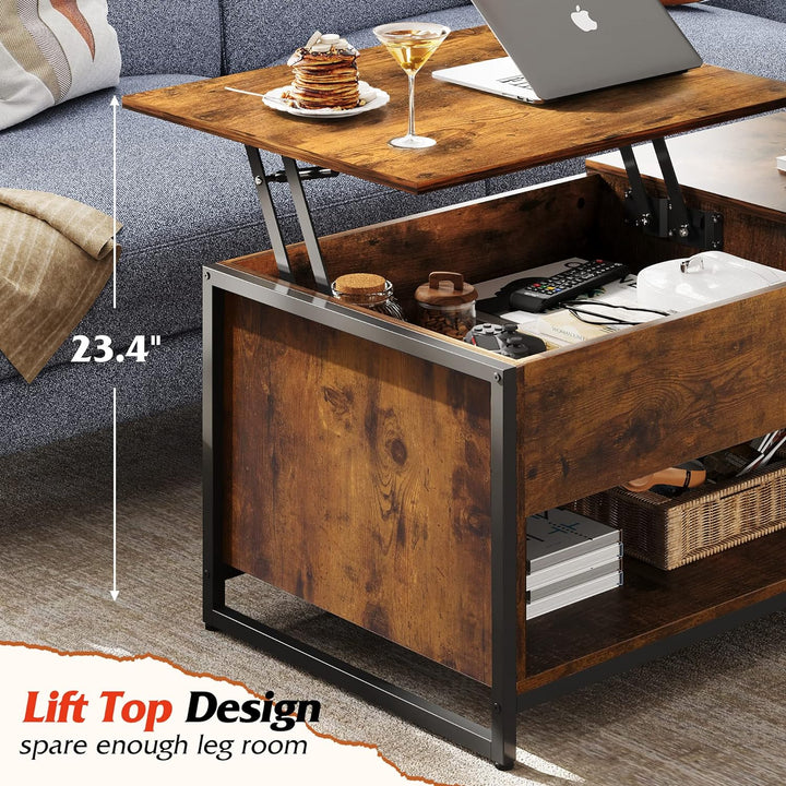 Lift Top Coffee Table with Hidden Storage, Rustic Brown