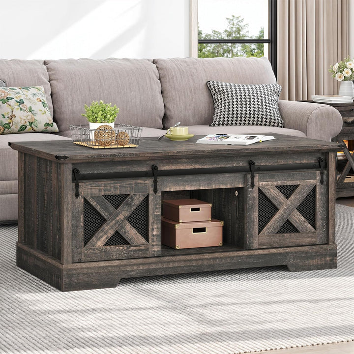 Farmhouse Coffee Table with Lift Top, Storage & Sliding Barn Door, Dark Rustic Oak