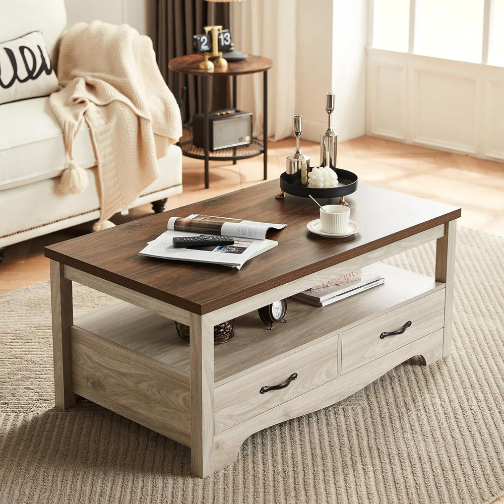 Farmhouse Coffee Table with Storage, Wood Coffee Table, Oak and Brown