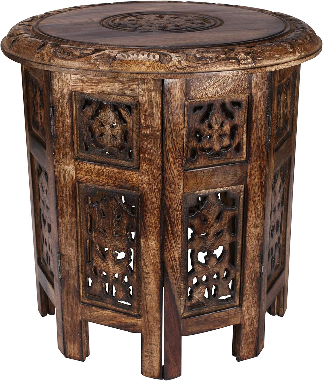 Round End Table, Side Table, Carved Wood Table 18" - Burnt