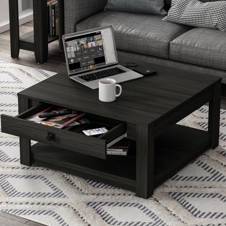 Galano Philia Modern Rectangular Coffee Table, 2-Tier, Black Oak