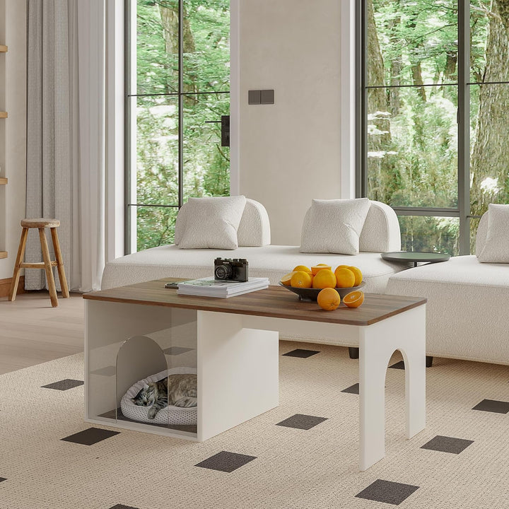 Farmhouse Coffee Table with Cat House, Wooden Modern Accent, White & Brown