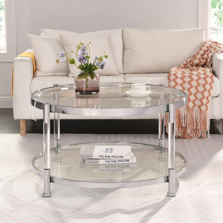 Tempered Glass Round Coffee Table, Modern Acrylic Legs