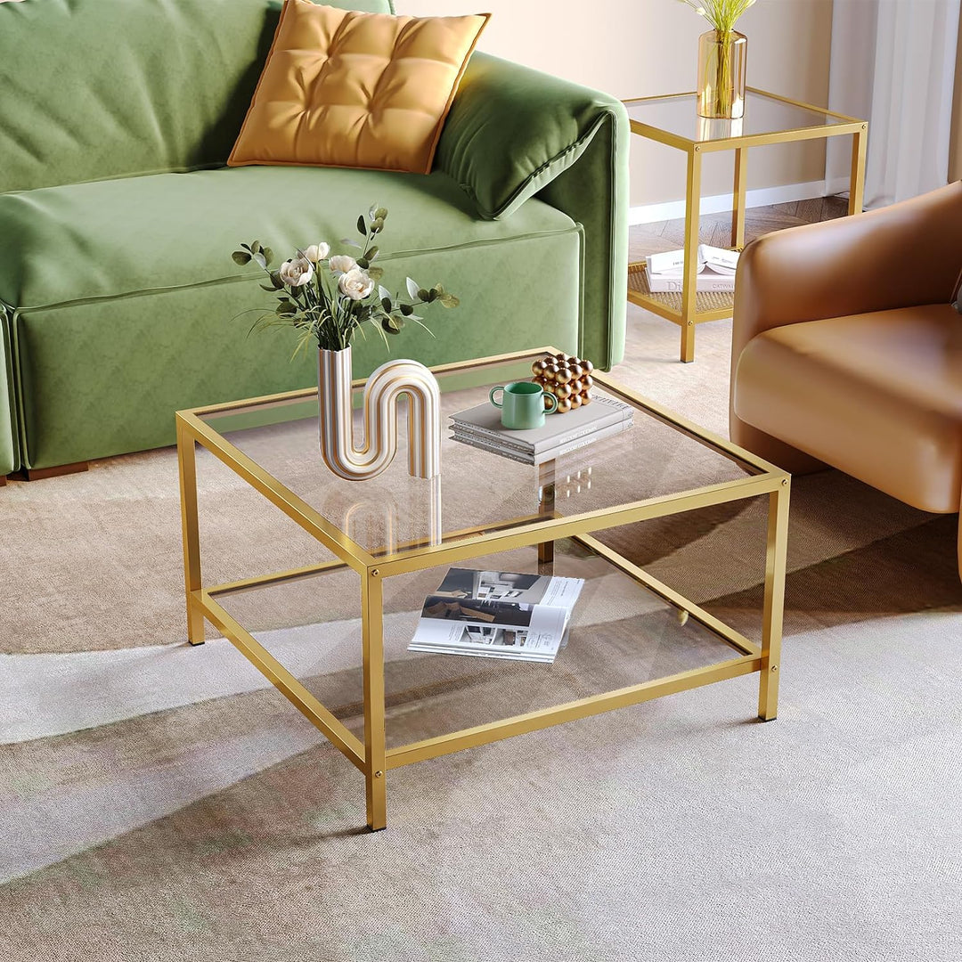 2-Tier Square Glass Coffee Table w/ Gold Frame