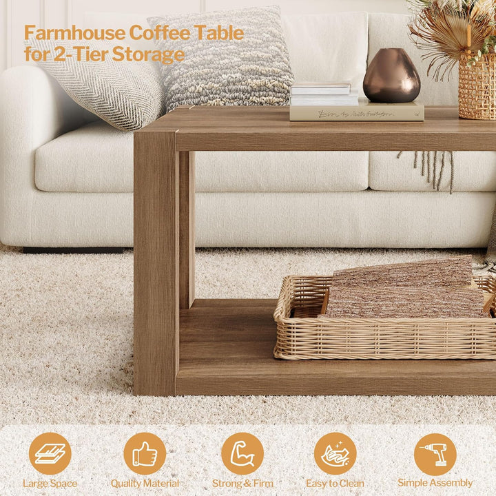 Farmhouse Wood Coffee Table w/ Storage Shelf, Boho Accent Table