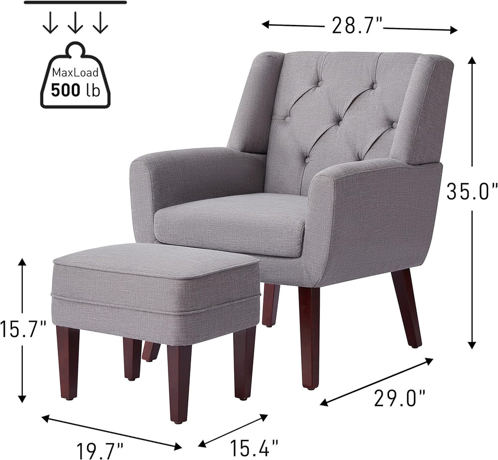 Accent Chair with Ottoman,Upholstered Button Tufted Armchair,Linen Fabric Sofa Chairs Reading Chair for Living Room,Chair for Bedroom, Comfortable Mid-Century Modern Chair,Light Grey