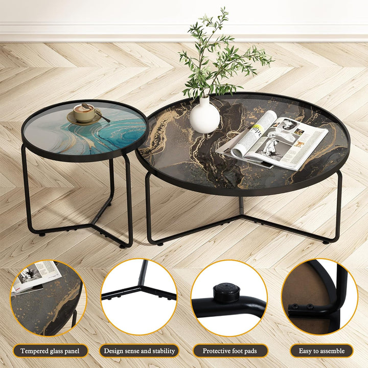 Black Coffee Table and Blue End Table, Modern Nesting Table Set