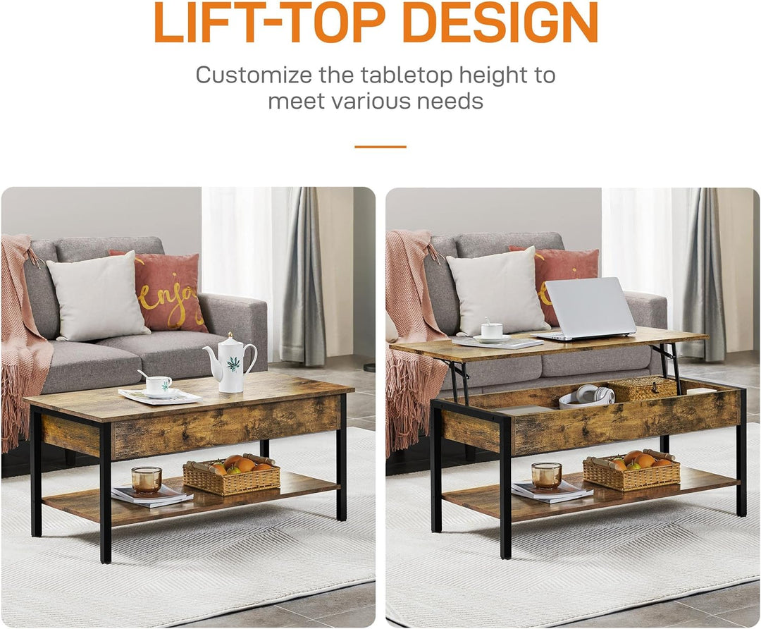 Lift Top Coffee Table w/ Hidden Storage, Wooden Lift-Up Table, Industrial Rustic Brown