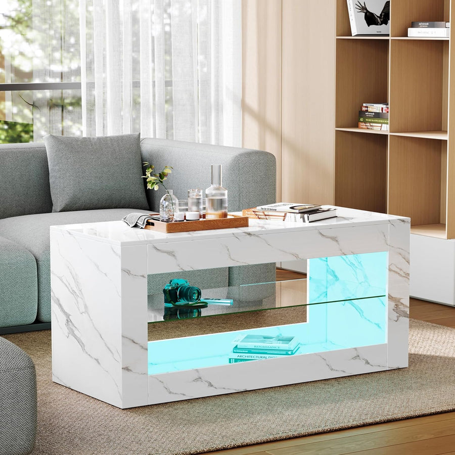 Coffee Table, Modern Marble Print with Glass Storage, White With Gloss