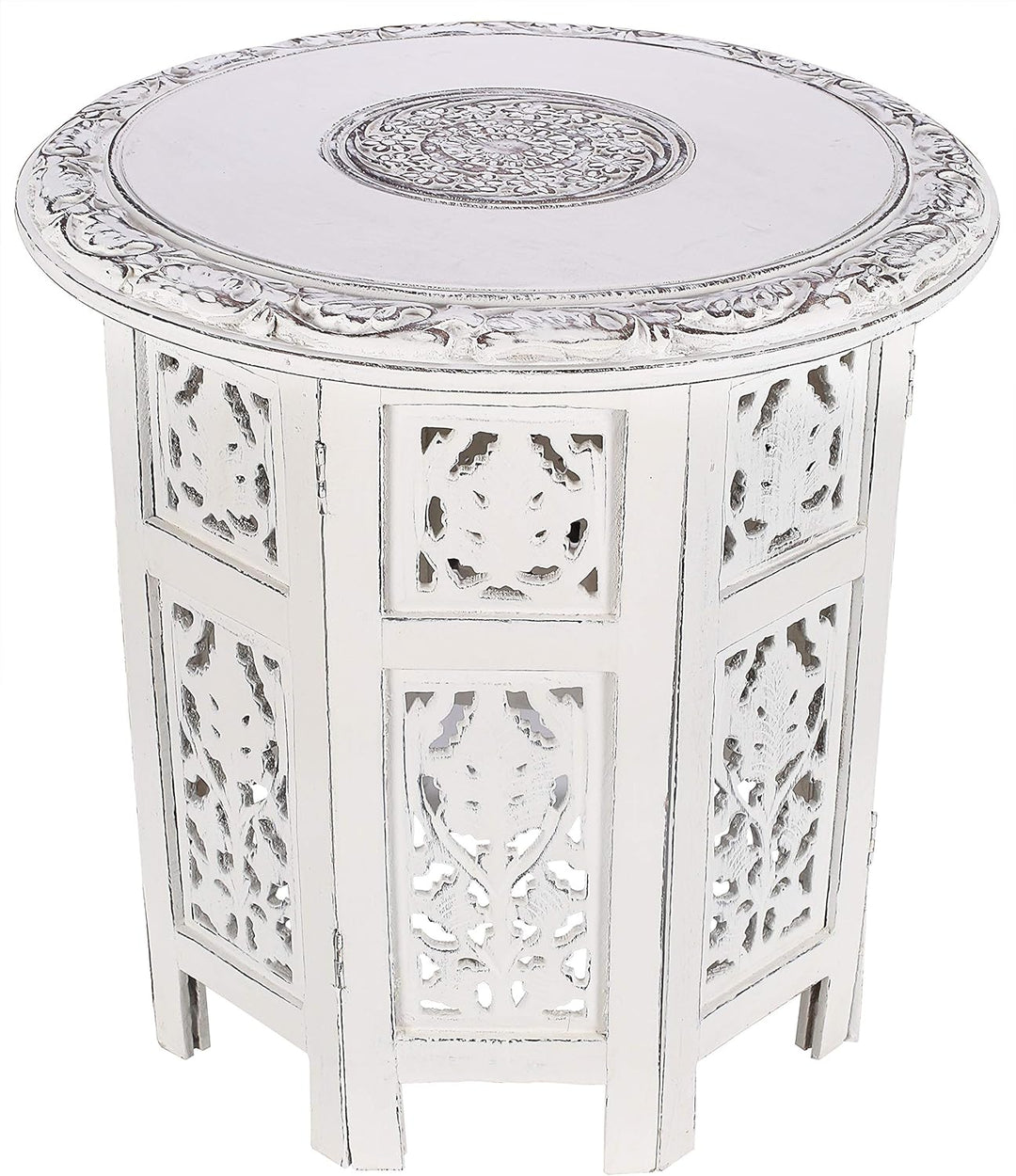 Round Side Table, Small Carved Wood Table 18" - White