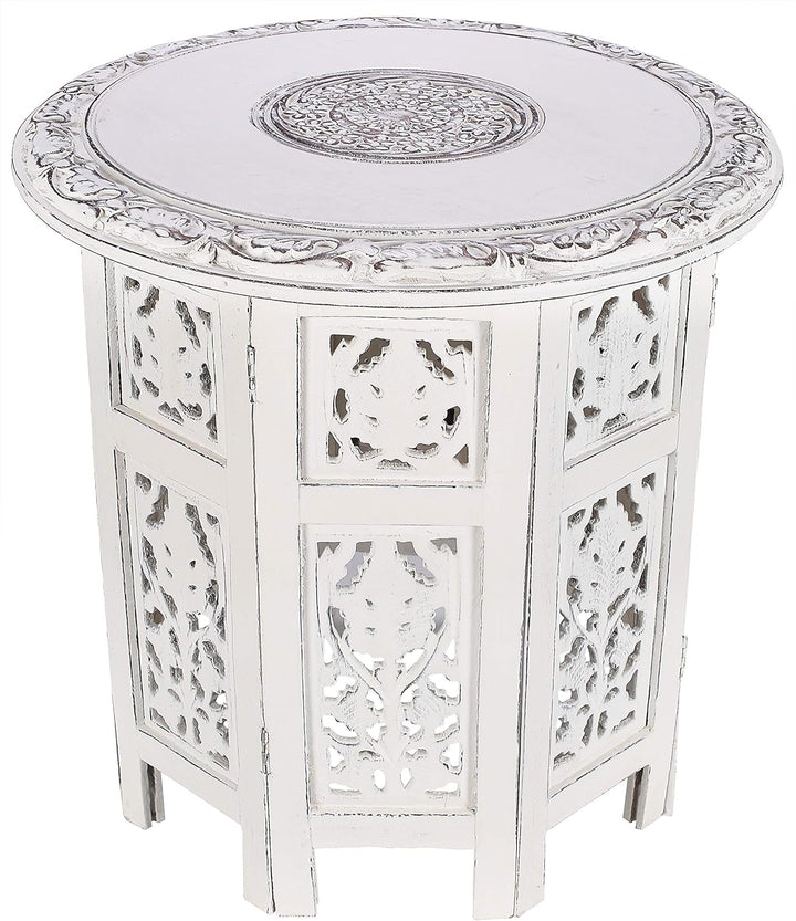 Round Side Table, Small Carved Wood Table 18" - White