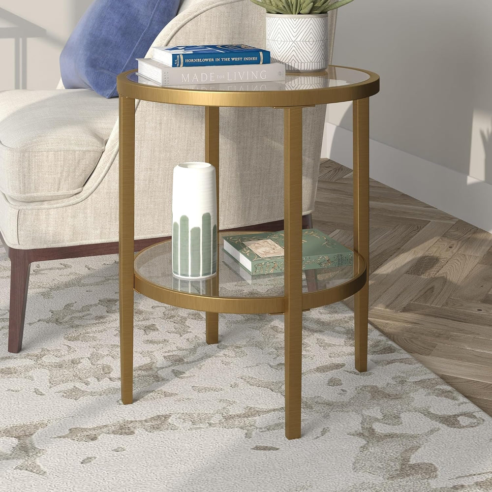 Elegant Round Side Table with Glass Shelf, Blackened Bronze