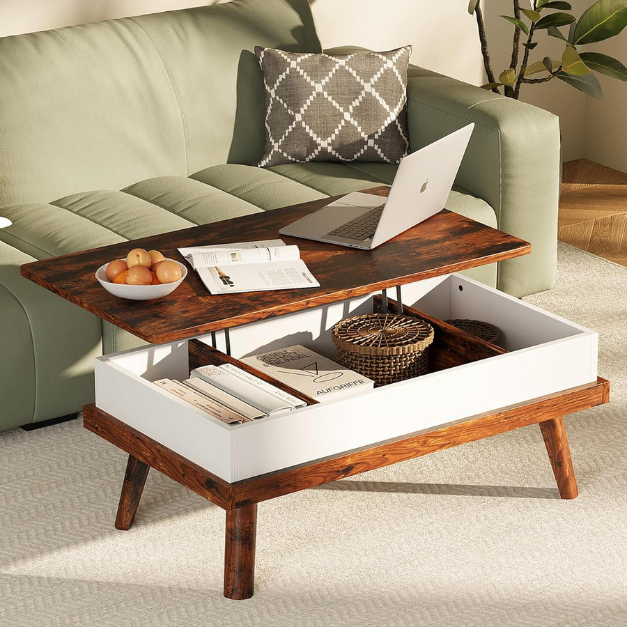 Meilocar Lift Top Coffee Table with Hidden Compartment, Rustic Brown