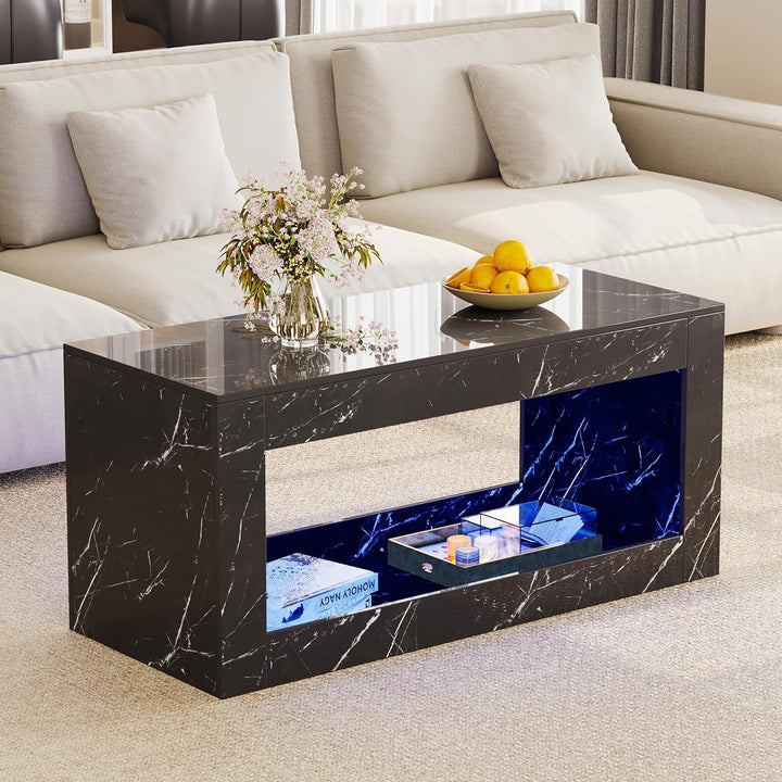 Modern Marble Print Coffee Table with Storage and Lighting, Black