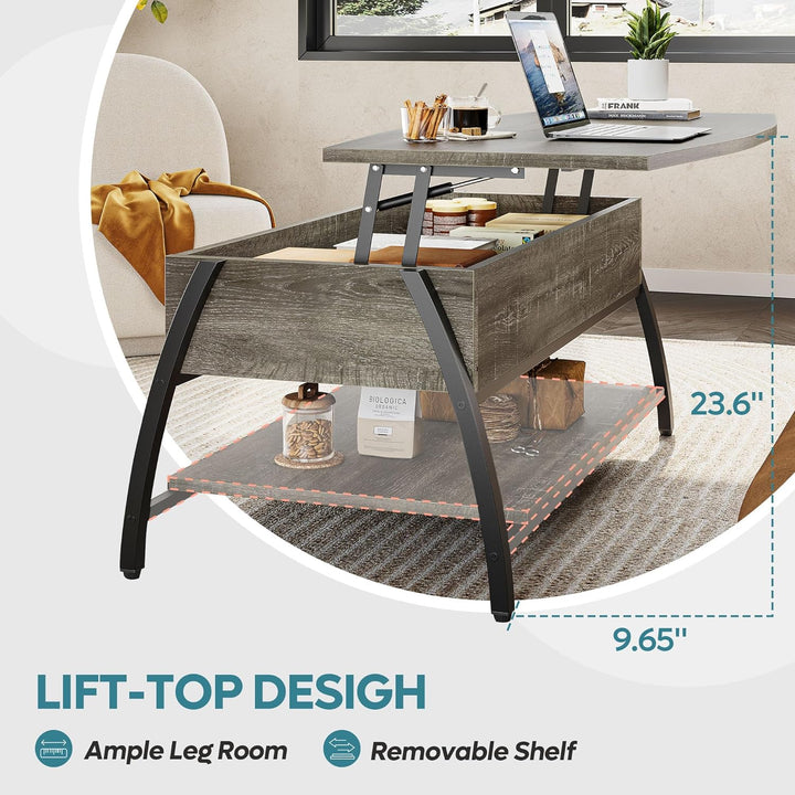 Lift Top Coffee Table with Storage, 42-Inch Industrial Mesh Shelves, Wooden Oval Center Table, Gray