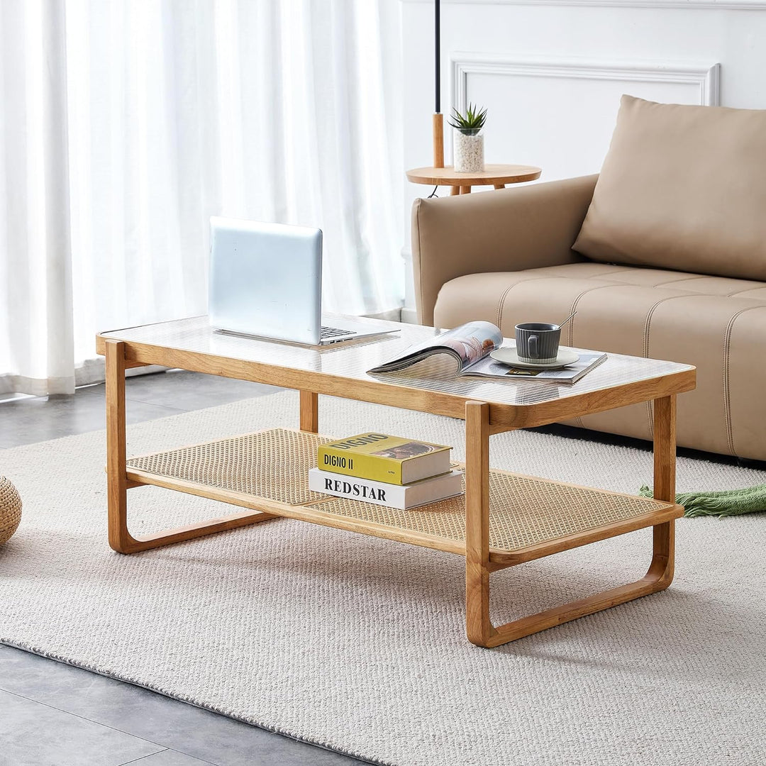 Mid-Century Modern Coffee Table, Boho Rectangular Solid Wood Center