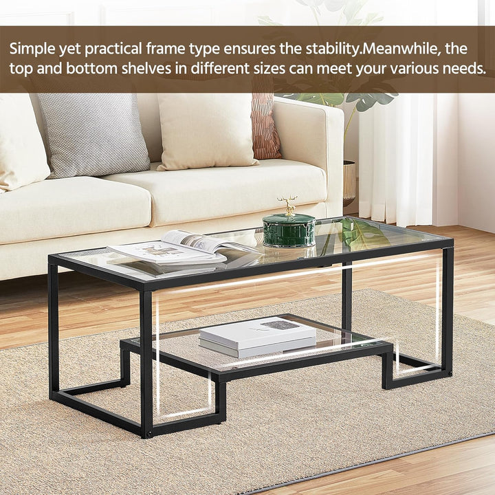 Tempered Glass Coffee Table, Geometric Design, Metal Frame, Black