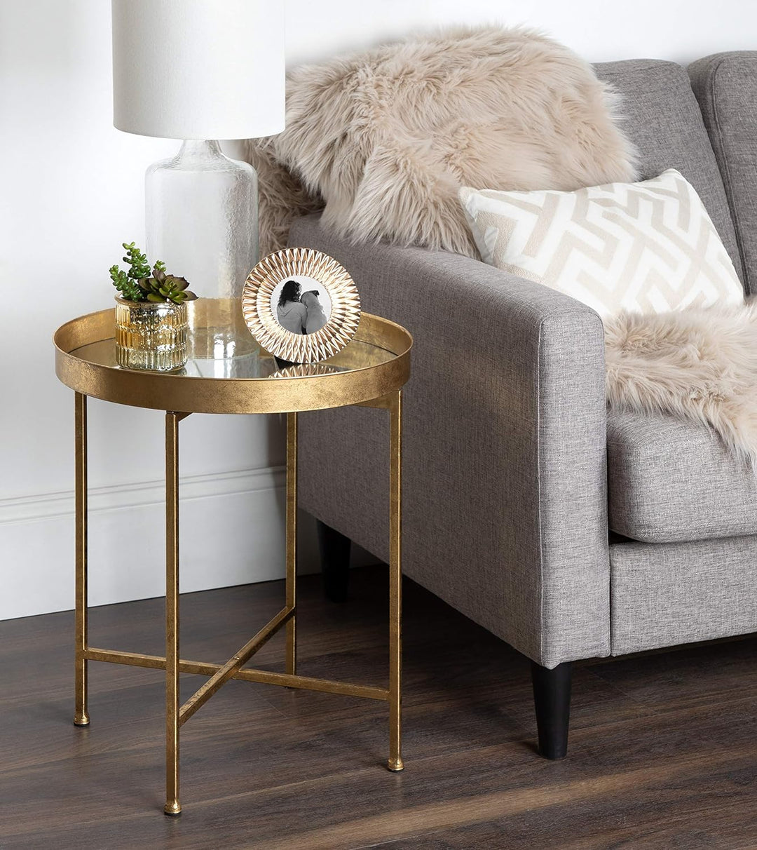 Celia Metal Foldable Round Accent Table, 18.25" x 18.25" x 22", Gold/Mirror