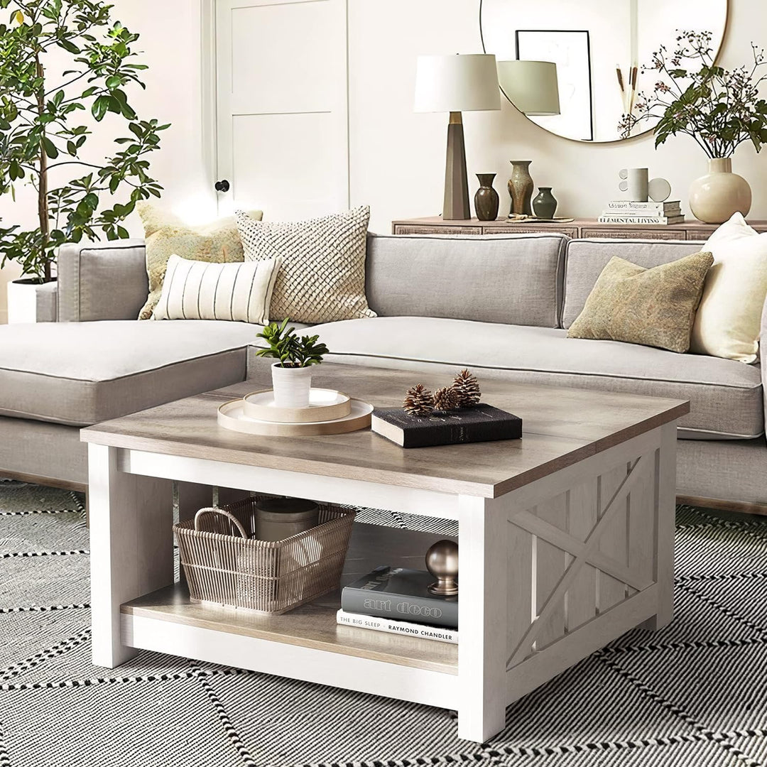 Farmhouse Coffee Table with Storage, 2-Tier Wood Center Table, Grey Wash