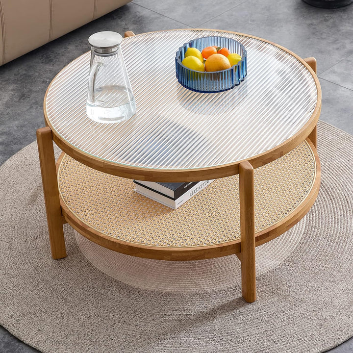 Tempered Glass Round Coffee Table, Farmhouse Circle w/ Rattan Shelf