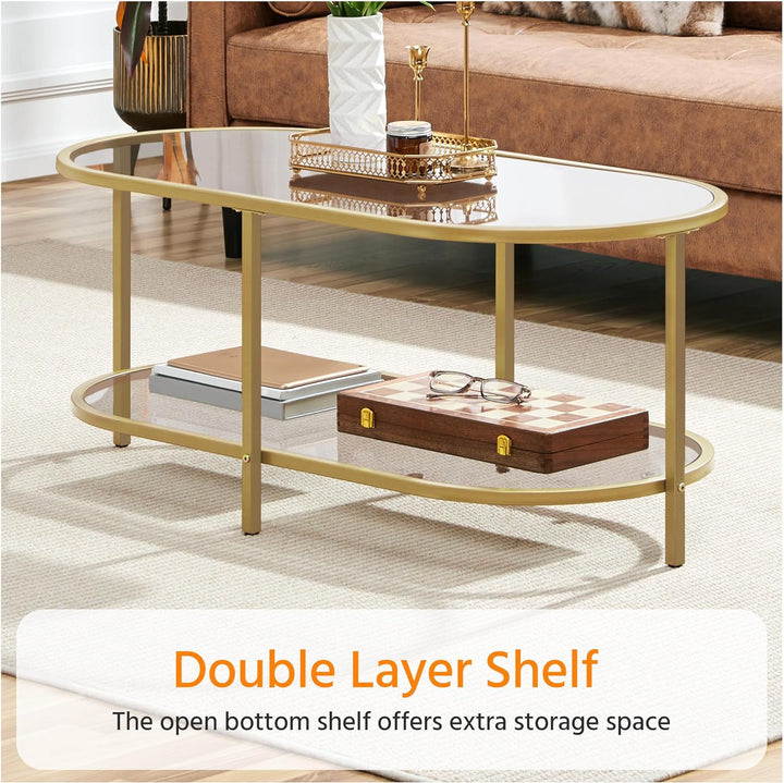 Elegant Gold Coffee Table, Oval Glass Top with Storage Shelf, Metal Frame