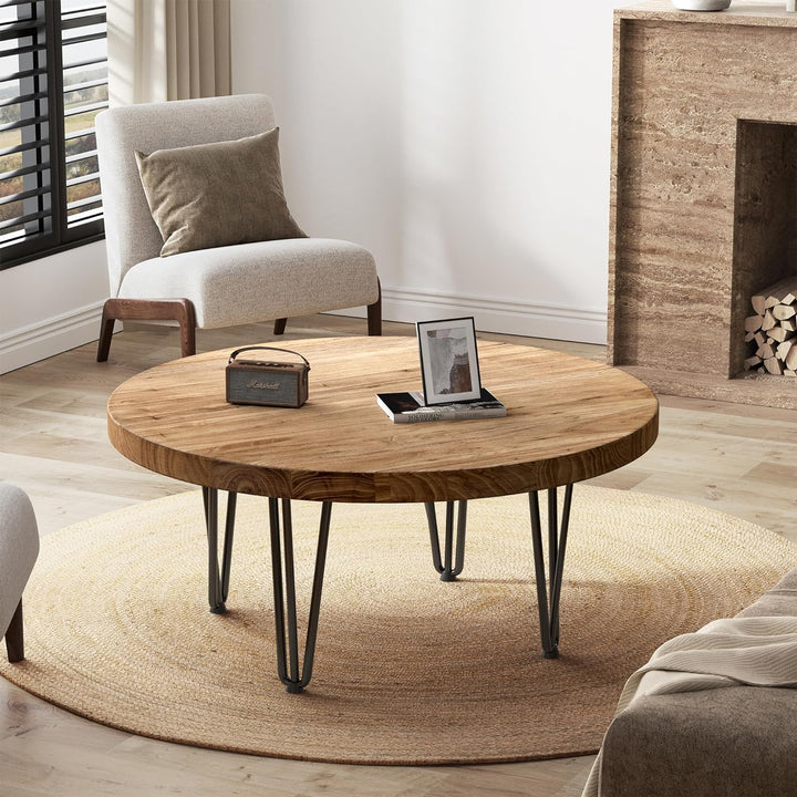 Rustic Wood Round Coffee Table, Solid Elm Top, Metal Legs, Natural