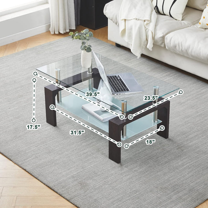 Walnut Rectangular Coffee Table, Glass Tabletop, Adjustable, Brown