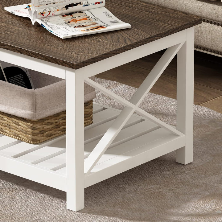 Rustic Farmhouse Coffee Table with Shelf, Vintage Finish White