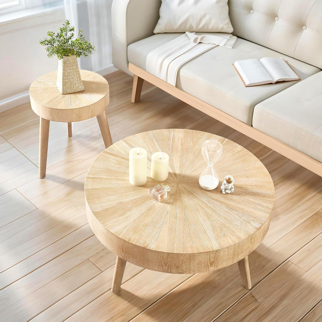 Nesting Round Oak Wood Coffee Table Set, Light Brown 02-set 1234