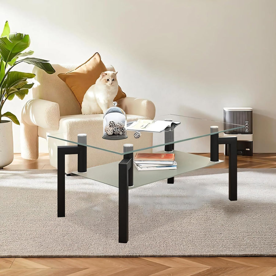 Tempered Glass Coffee Table, 2-Tier End Table, Black-08