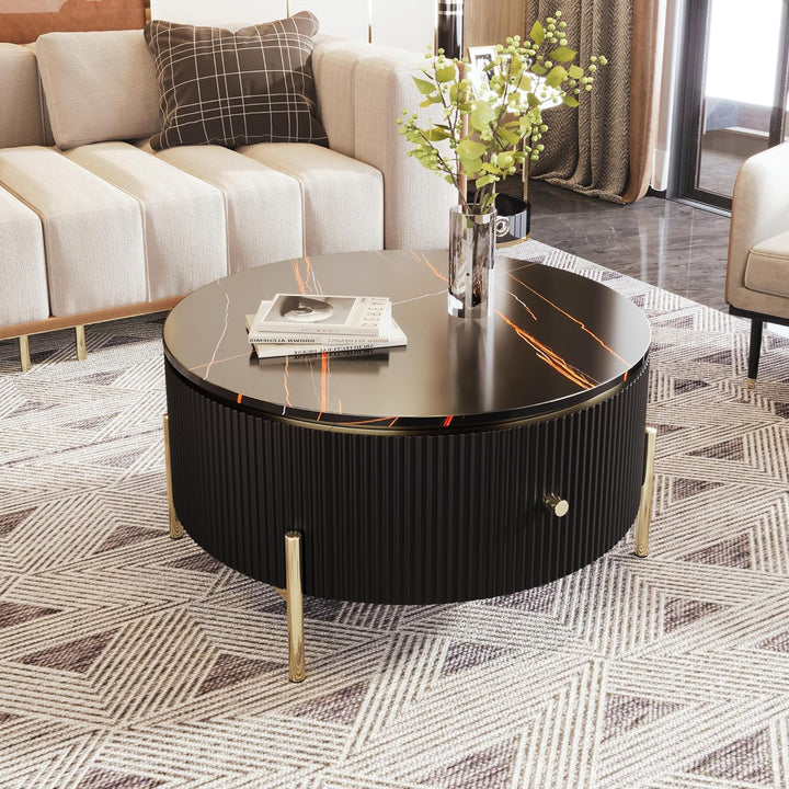 Coffee Table with Storage, Modern Accent Table, Black, Round