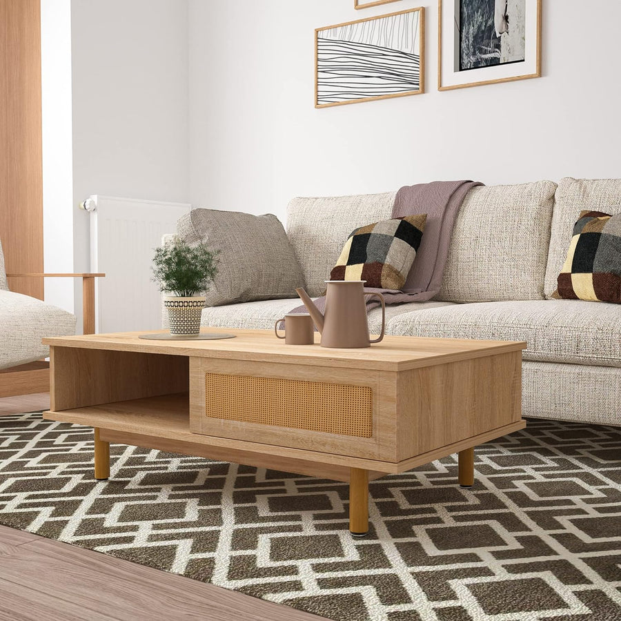 Mid-Century Modern Coffee Table with Sliding Door, Rattan Wood