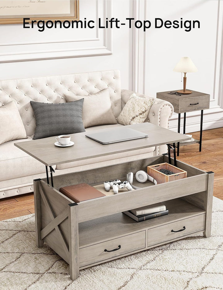 Evajoy Lift Top Coffee Table, Modern Center Table with Storage, Grey