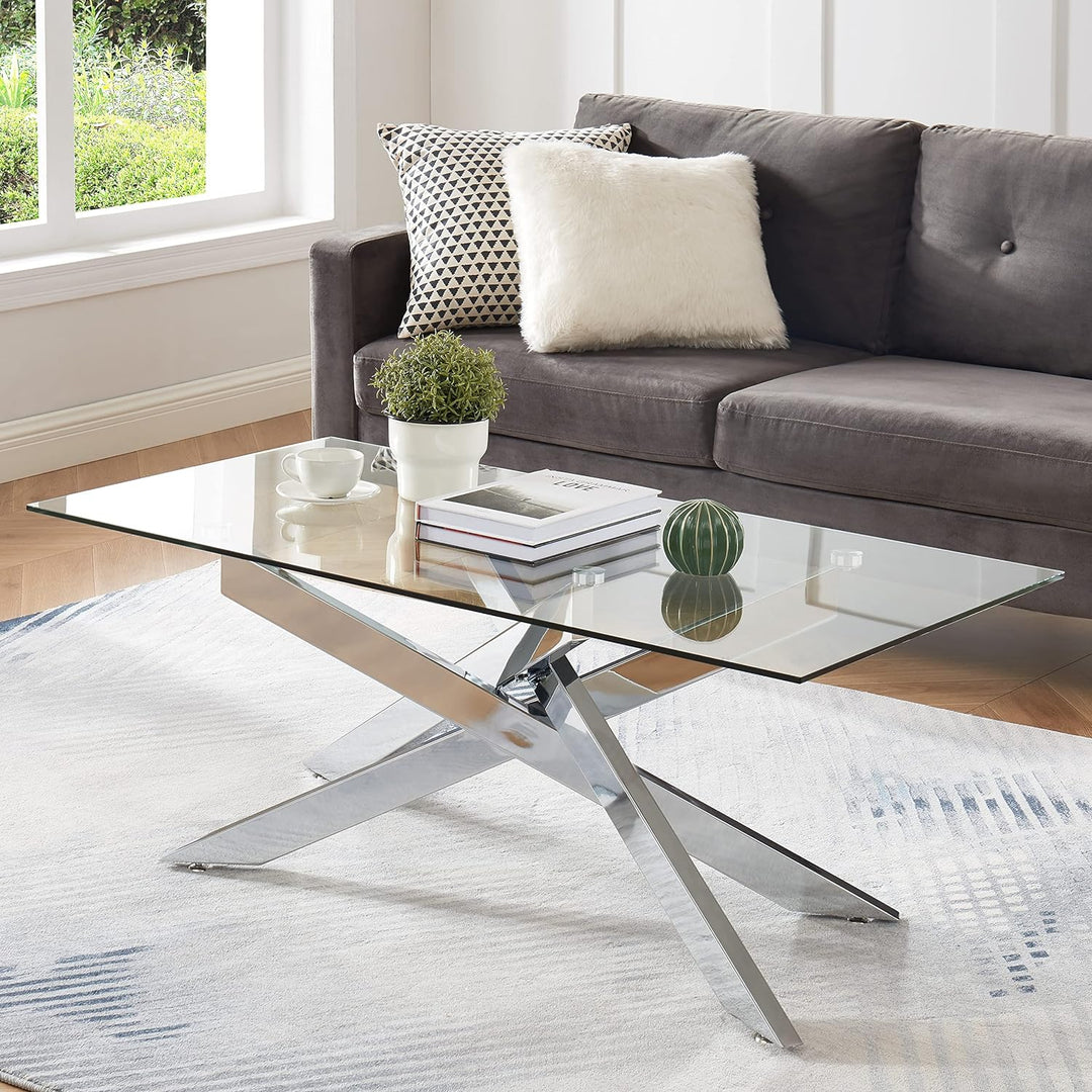 Modern Rectangular Coffee Table, Tempered Glass Top, Silver